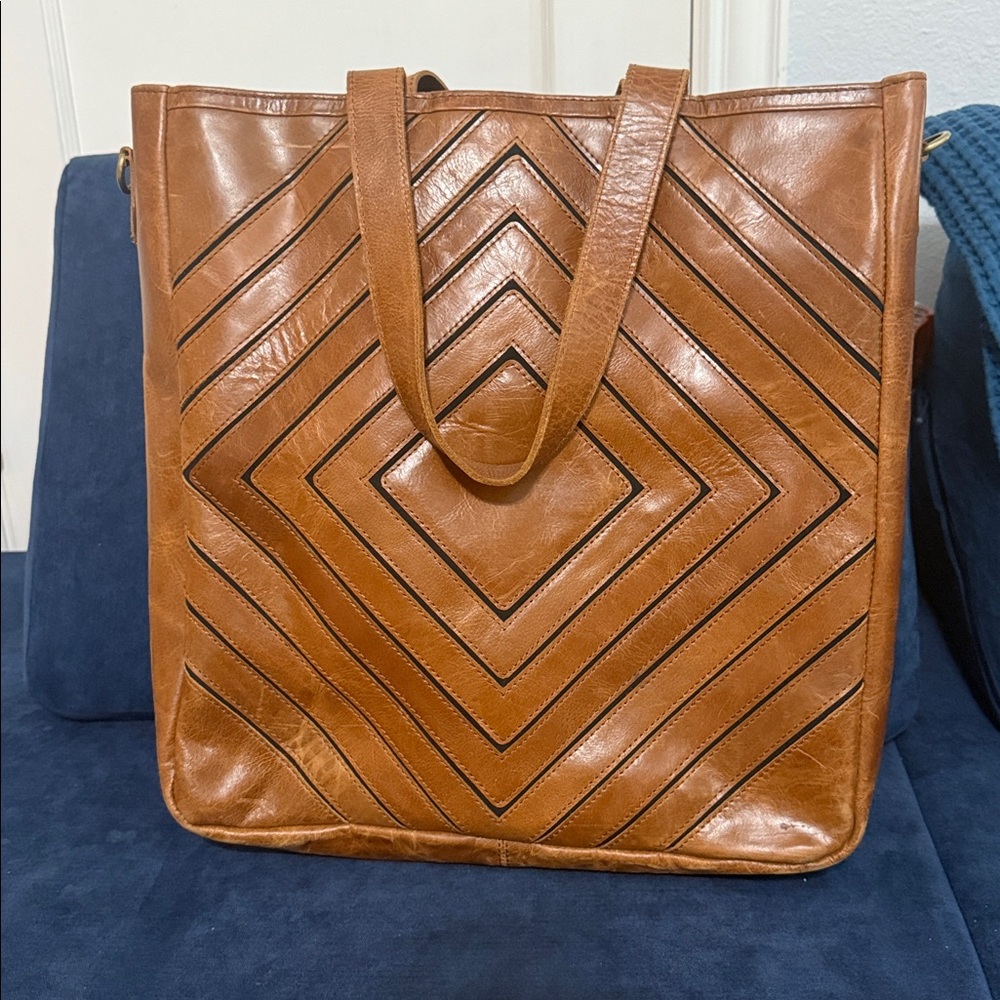 Brown Geometric Leather Tote Bag